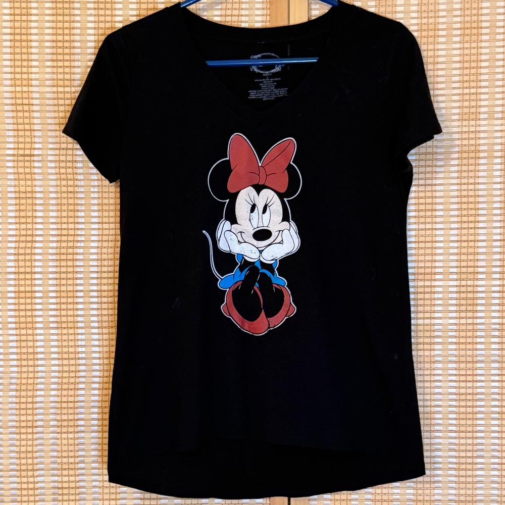 Disney Womens L Minnie Mouse V-Neck Graphic‎ T-Shirt Black Short Disney Vacation